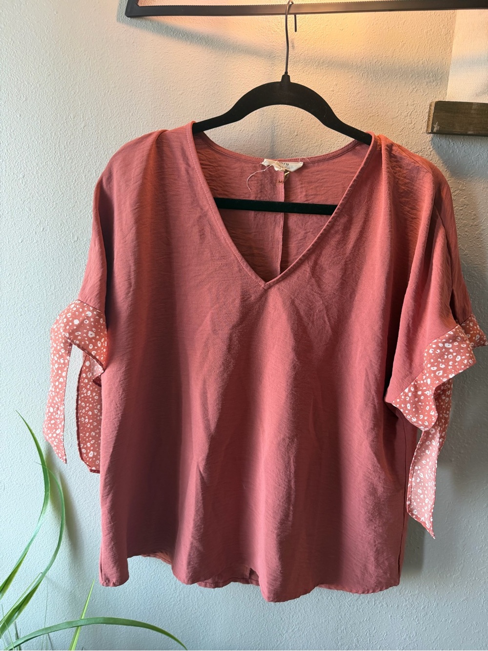 entro Dusty Rose V-Neck Blouse with Tie-Sleeve Detail